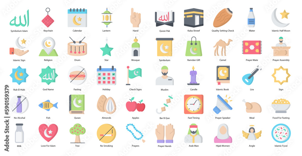 Ramadan Flat Icons Muslim Fasting Icon Set in Color Style 50 Vector Icons in Black