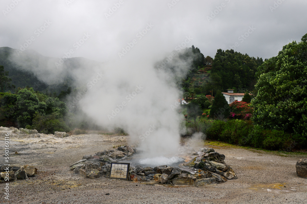 Fototapeta premium Hot thermal springs in Furnas village, Sao Miguel island, Azores, Portugal. Caldeira Grande