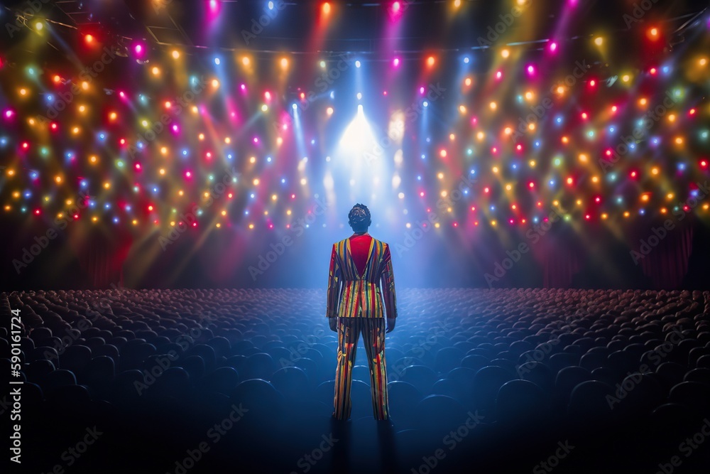 Fictional clown on stage under spotlights made with generative AI