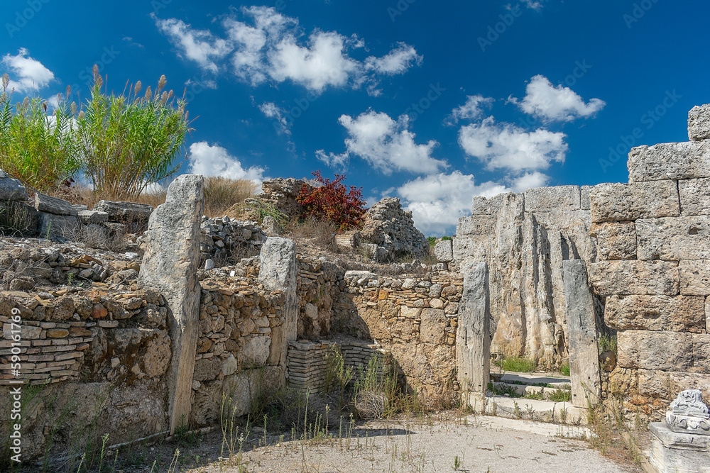 Ruins of the ancient ancient city of Perge. Details of ancient ruins.