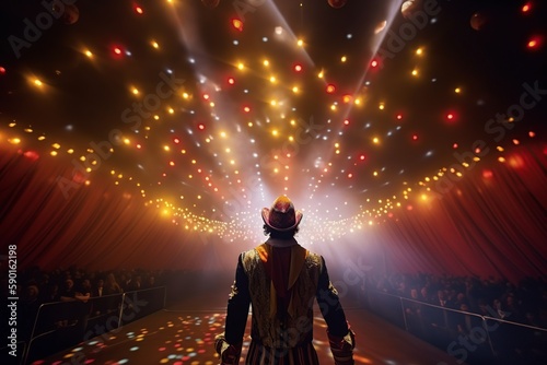 Fictional clown on stage under spotlights made with generative AI