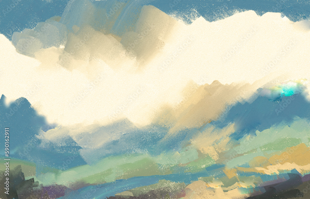 Impressionistic Cloudscape with Teal & Yellow - Digital Painting, Art, Artwork, Illustration for Background, Backdrop, Wallpaper, Invitation, Ads, Fliers, Posters, invitations, publications, etc.