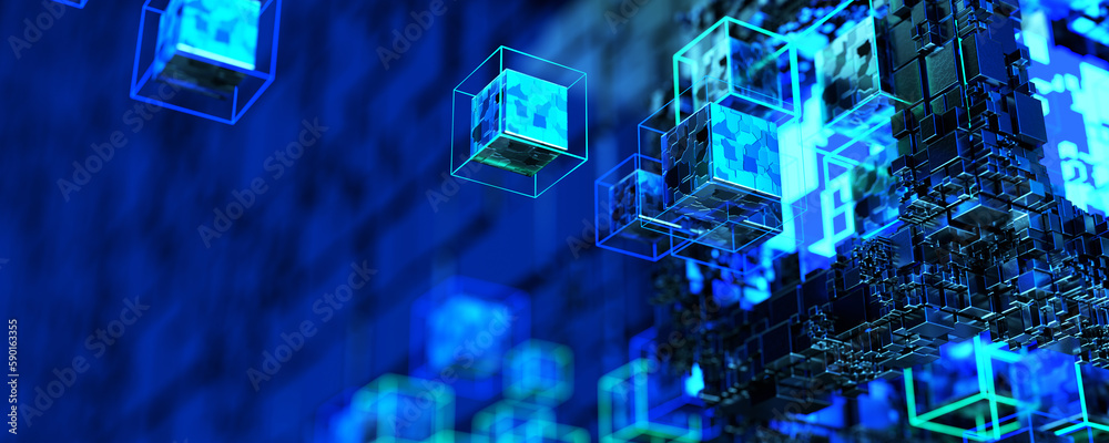 Naklejka premium Blockchain technology. Machine learning. Data background. Big data. Database. Abstract background from blocks. 3D rendering.