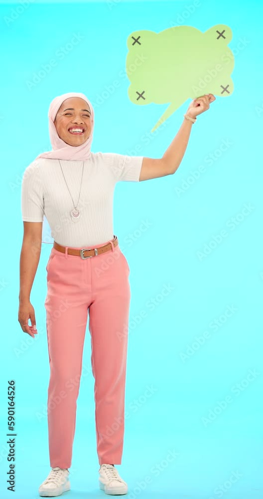Face, speech bubble and Muslim woman smile in studio for social media ...