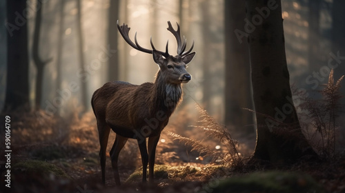 Deer in the forest surrounded by trees, with light behind him. Generated by AI.  © Miguel