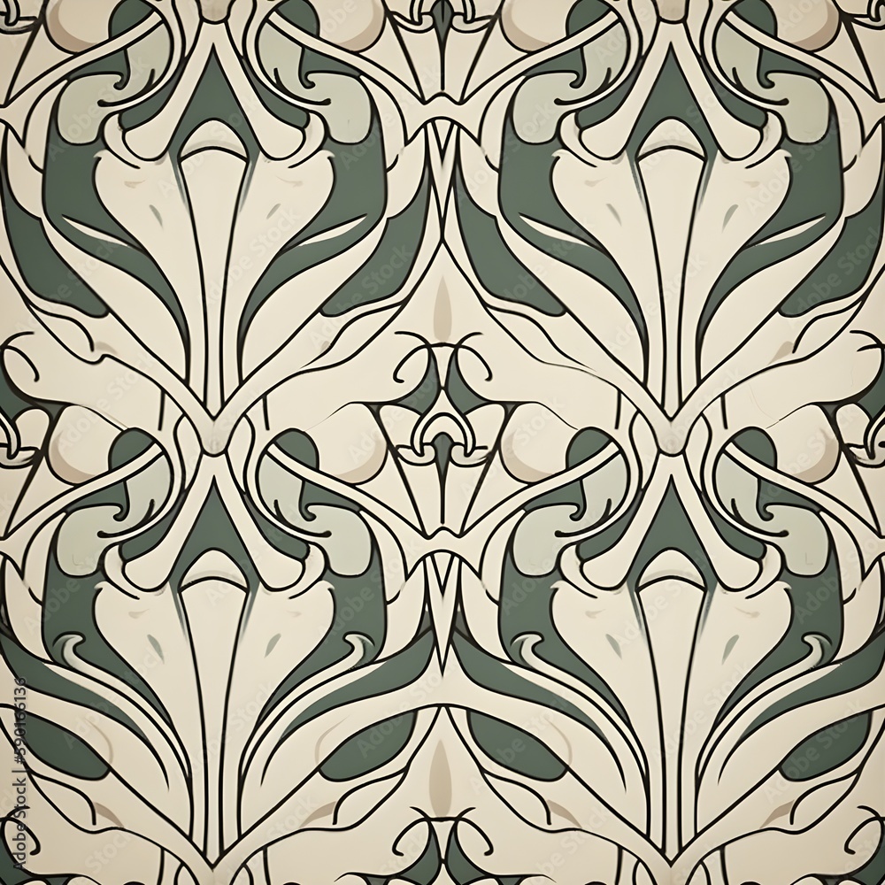 Seamless pattern drawn with thin lines, green and beige colors Seamless pattern drawn with thin lines, green and beige colors
