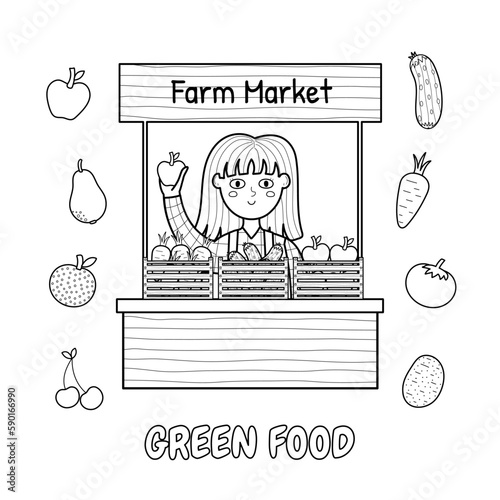 Green Food farm black and white print with cute girl farmer selling fruits and vegetables. Organic food market coloring page. Vector illustration