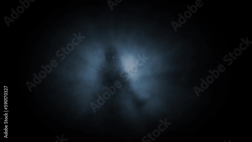 Gloomy maniac silhouette with long knife in rays of dim light. Dark spirit of terror ready to hunt. Evil ghost in creepy fog. Horror fantasy 2D animation. Spooky video clip. Blue and black background.