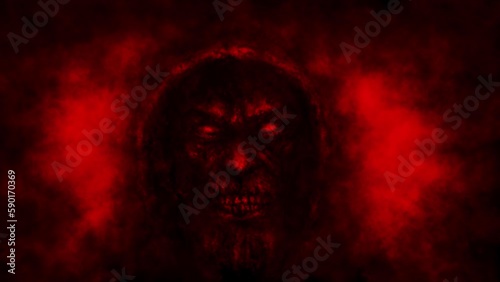 Evil hooded sorcerer bares his teeth. Scary 2D animation. Gloomy man smiling. Horror video clip for Halloween. Mystical worlds of dreams. Dark fantasy movie. Music clips and VJ loops. Red and black. 