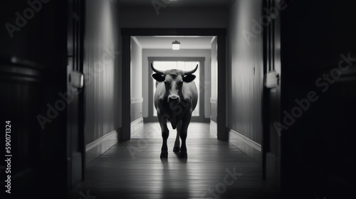 A bull walking down in a corridor, generative ai