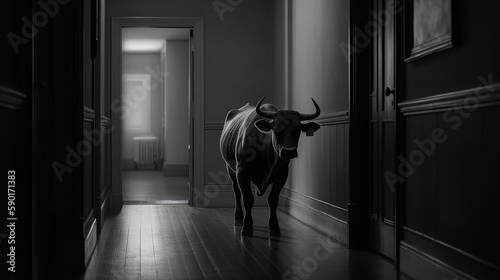A bull walking down in a corridor, generative ai © TheGoldTiger