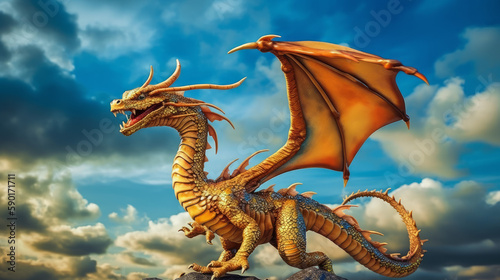Majestatic gold dragon on a blue sky with clouds  flying gold dragon  generative ai