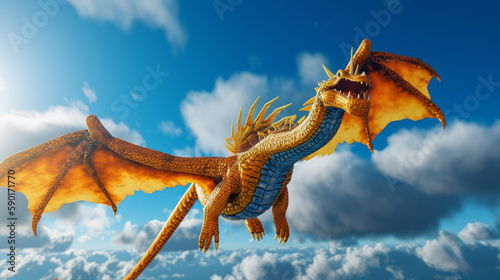 Majestatic gold dragon on a blue sky with clouds, flying gold dragon, generative ai