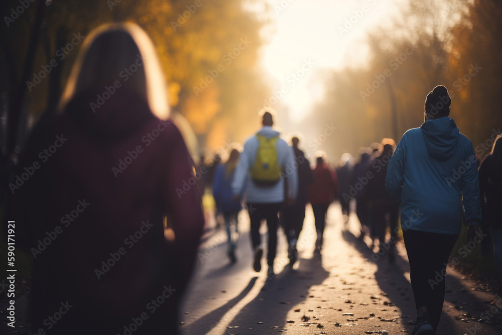 Picture of a group of people participating in a charity walk or run, World health day, bokeh Generative AI