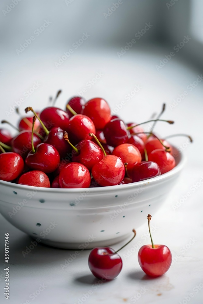 Cherry in a white ceramic bowl. Generative AI Cherry in a white ceramic bowl. Generative AI