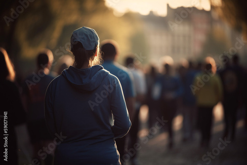 Picture of a group of people participating in a charity walk or run, World health day, bokeh Generative AI