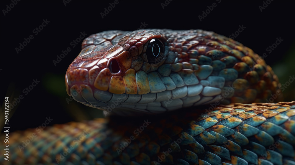 Red and blue snake portrait in dark, generative ai Red and blue snake portrait in dark, generative ai