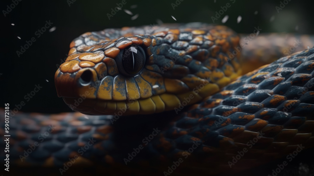 Red and blue snake portrait in dark, generative ai Red and blue snake portrait in dark, generative ai