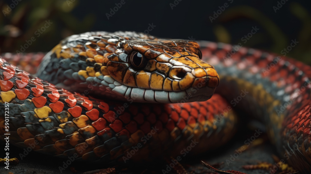Red and blue snake portrait in dark, generative ai Red and blue snake portrait in dark, generative ai