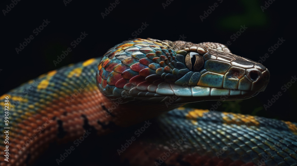 Fototapeta premium Red and blue snake portrait in dark, generative ai