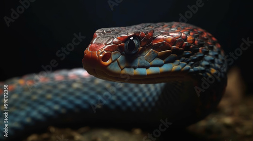 Red and blue snake portrait in dark, generative ai