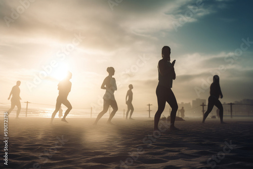 Picture of a group of people doing a beach workout  World health day  bokeh Generative AI