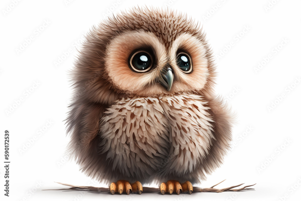 Baby owl isolated on white standing on a twig Generative AI Baby owl isolated on white standing on a twig Generative AI
