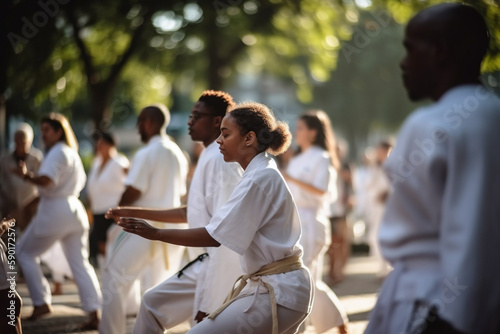 Picture of a group of people practicing capoeira, World health day, bokeh Generative AI