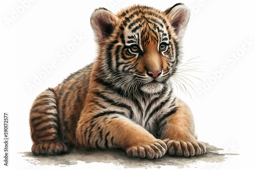 Baby tiger lying down isolated on a white background Generative AI
