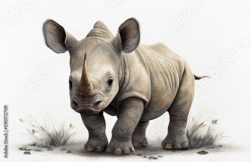 Baby rhinoceros isolated on a white background Generative AI