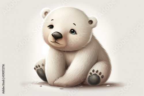 Cute little polar bear cartoon character sitting isolated on a white background Generative AI