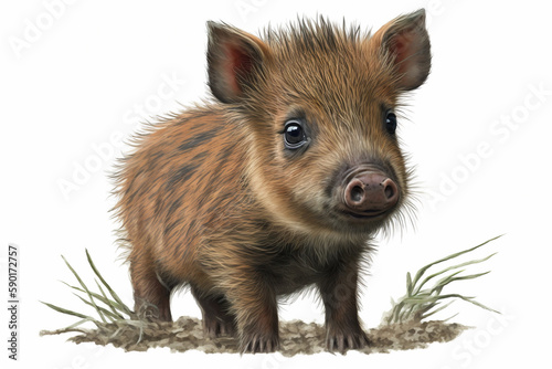 Little baby boar standing isolated on a white background Generative AI
