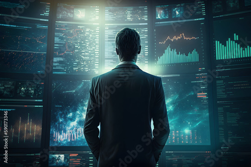 Back view of businessman in suit looking at stock graphs - generative ai
