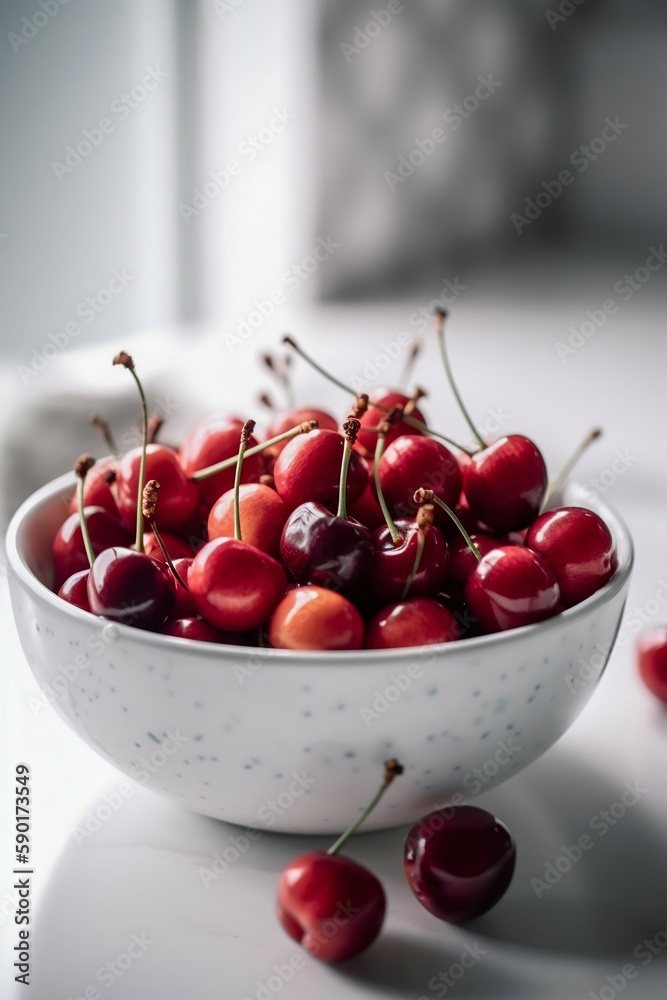 Cherry in a white ceramic bowl. Generative AI Cherry in a white ceramic bowl. Generative AI