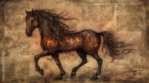 horse drawn in the sand  a hellfire horse on sheet dark fantasy papyrus  generative ai