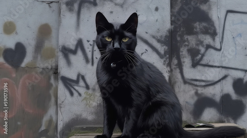 Black cat with graffiti in background, generative ai