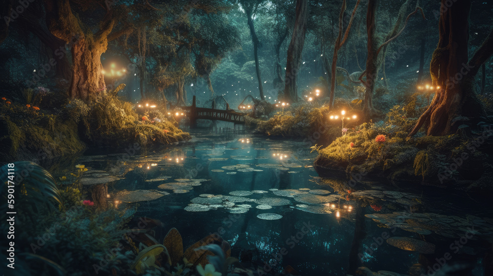 Fototapeta premium A lush magical forest filled with a mythical creatures, generative ai