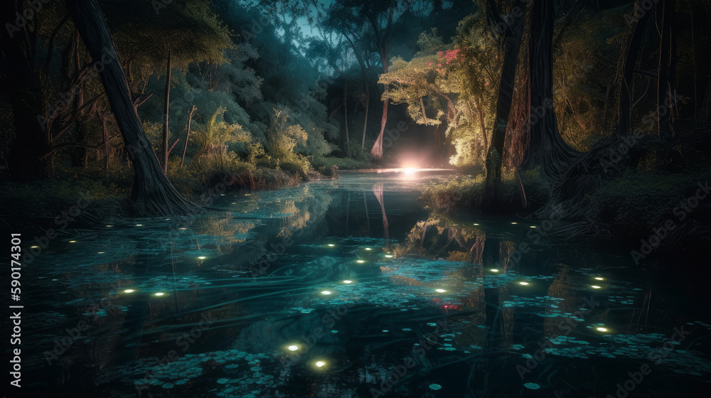 A lush magical forest filled with a mythical creatures, generative ai