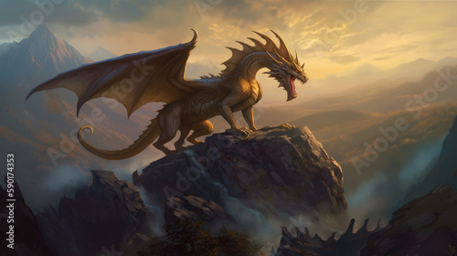 dragon in the night  mystical dragon perched on a rocky terrain with valley behind him  generative ai