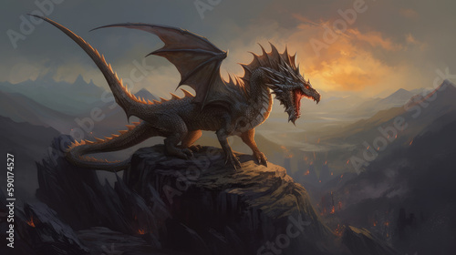 dragon in the night, mystical dragon perched on a rocky terrain with valley behind him, generative ai