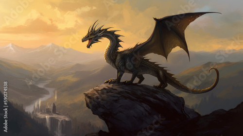 dragon in the night, mystical dragon perched on a rocky terrain with valley behind him, generative ai
