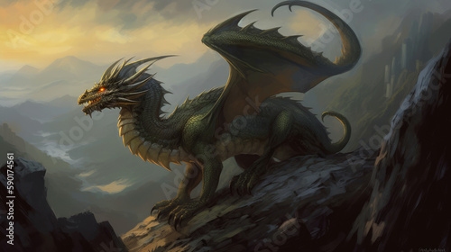 dragon in the night, mystical dragon perched on a rocky terrain with valley behind him, generative ai © TheGoldTiger