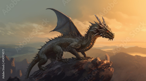 dragon in the night, mystical dragon perched on a rocky terrain with valley behind him, generative ai © TheGoldTiger