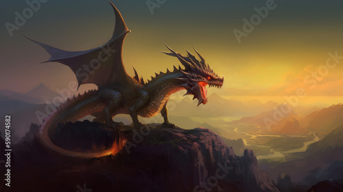 dragon in the night  mystical dragon perched on a rocky terrain with valley behind him  generative ai