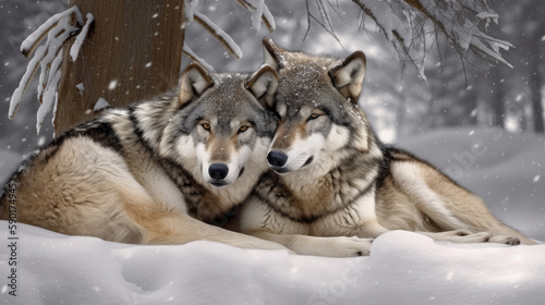 region wolf canis lupus arctos  a pair of wolves snuggling in the snow  generative ai