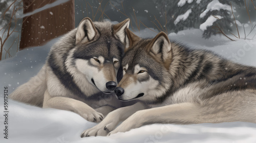 region wolf canis lupus arctos  a pair of wolves snuggling in the snow  generative ai