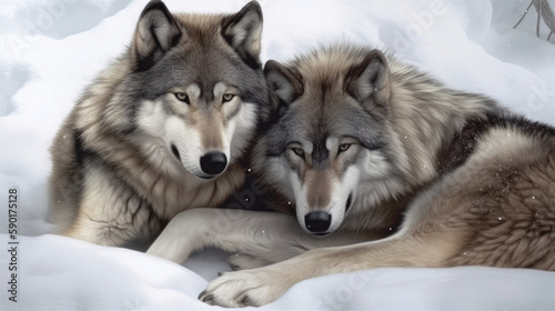 region wolf canis lupus arctos  a pair of wolves snuggling in the snow  generative ai