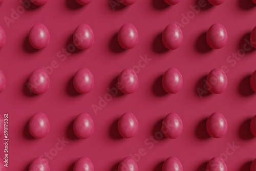 Magenta eggs on a magenta background. Easter holiday concept illustration. Trendy magenta color flat lay background. 3d render illustration