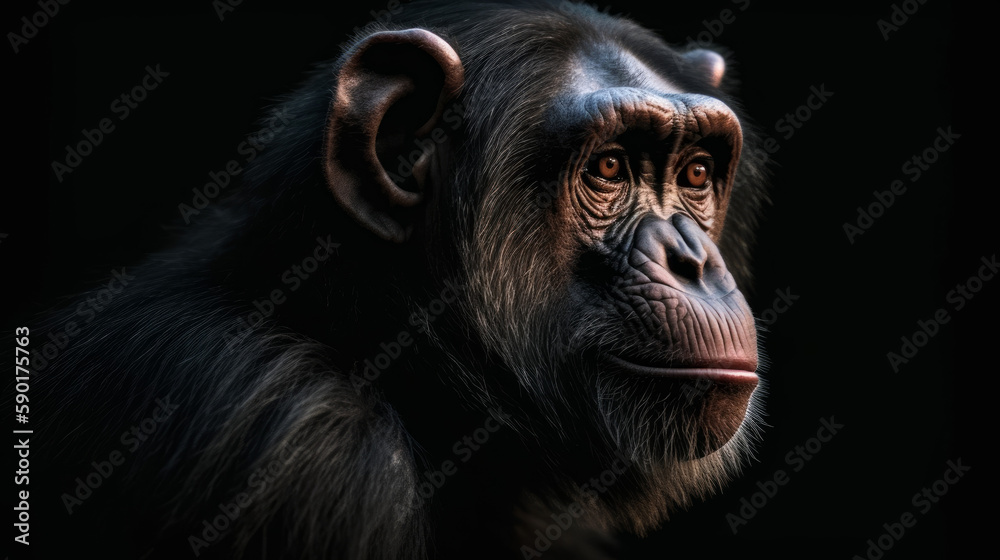 A portrait of a chimpanzee on a dark background, generative ai A portrait of a chimpanzee on a dark background, generative ai