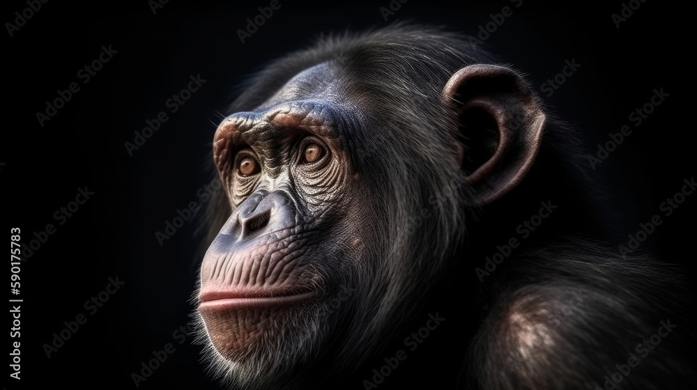 A portrait of a chimpanzee on a dark background, generative ai A portrait of a chimpanzee on a dark background, generative ai